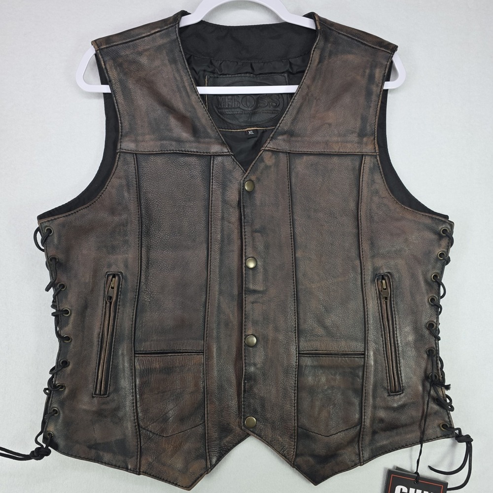 M-Boss Motorcycle Apparel Sz XL Brown Leather Biker Vest Conceal Carry Pocket